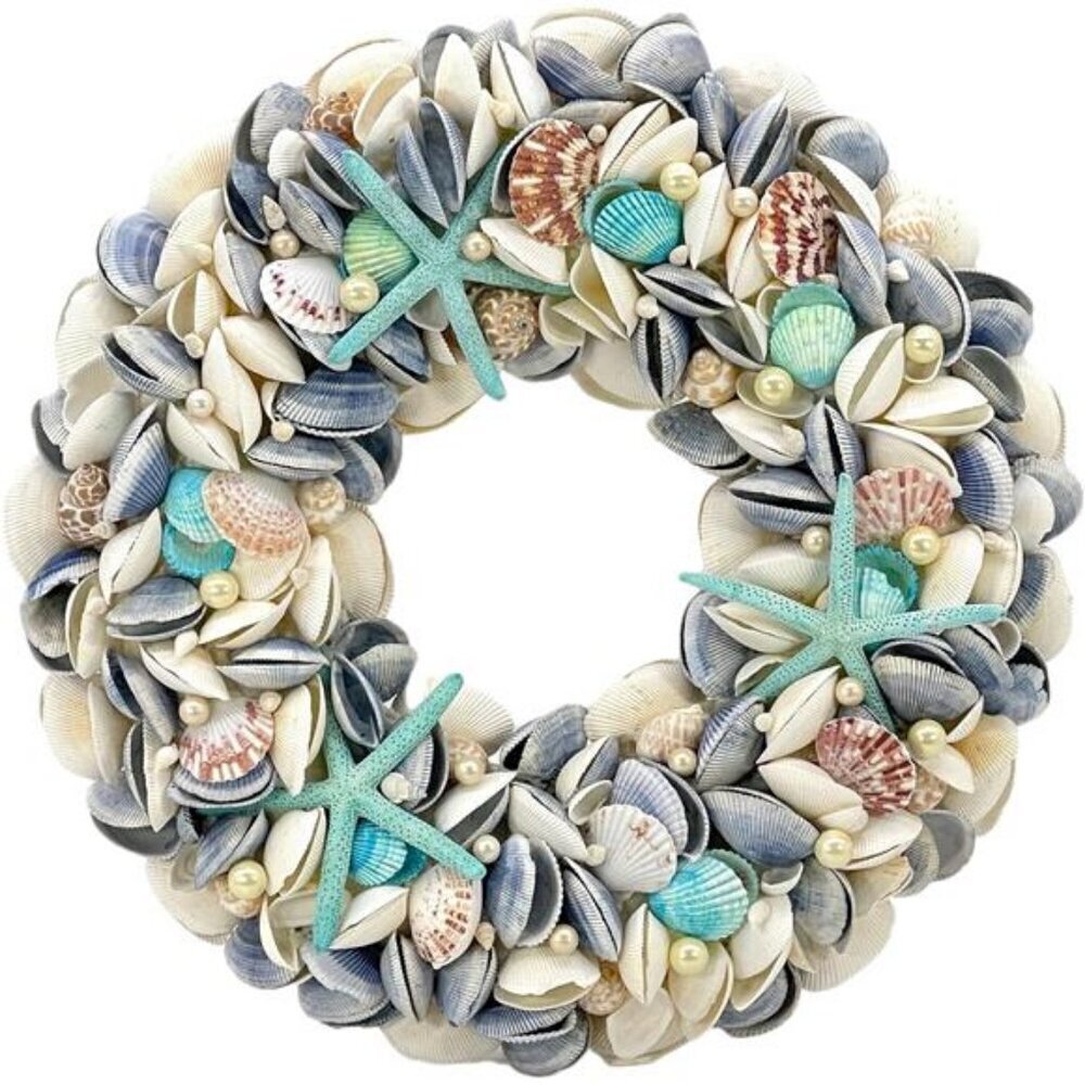 Coastal Seashell Wreath 18 inch Blue Beach Decor